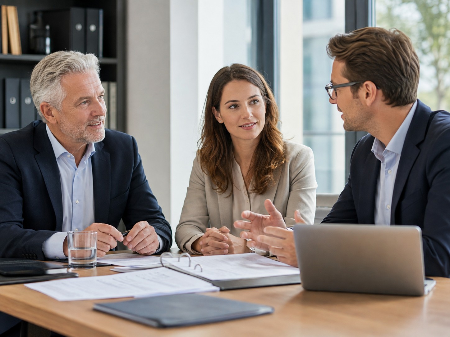 Drei Personen besprechen Unterlagen in einem hellen Büro